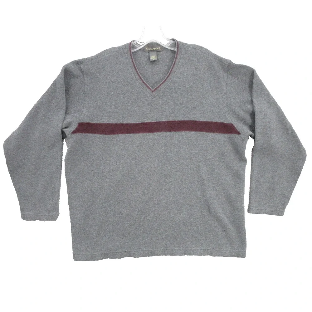 Banana Republic Mens Sweater Extra Large Pullover V-Neck Gray Long Sleeve Cotton